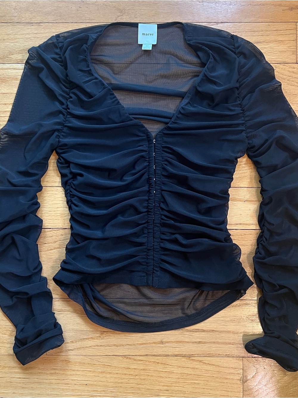 Anthropologie Maeve Dark Romantic Black Ruched Sheer Long-Sleeve Top